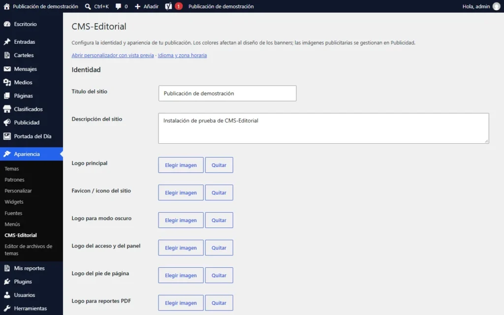 Pantalla Apariencia → CMS-Editorial con los ajustes de identidad: título, descripción y logos configurables
