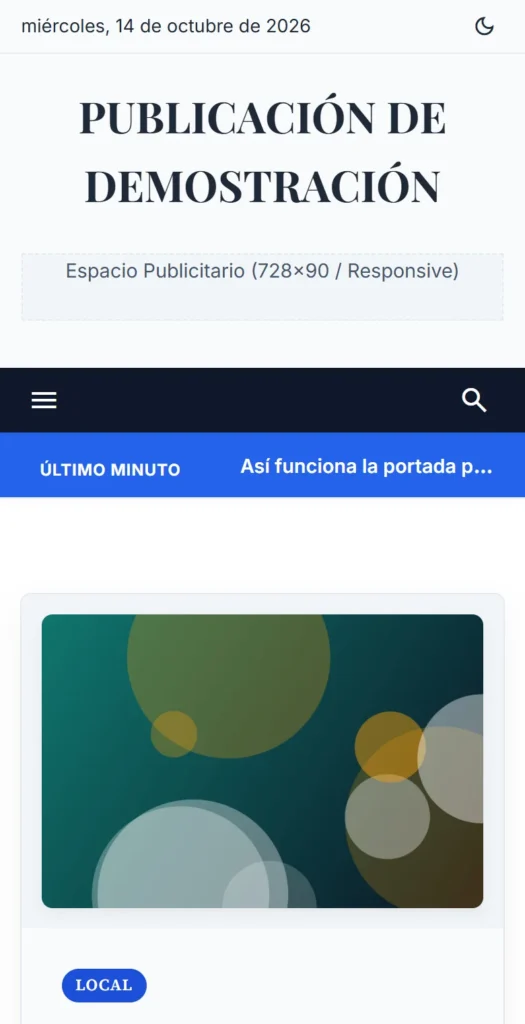 Vista móvil de CMS-Editorial en la instalación de prueba