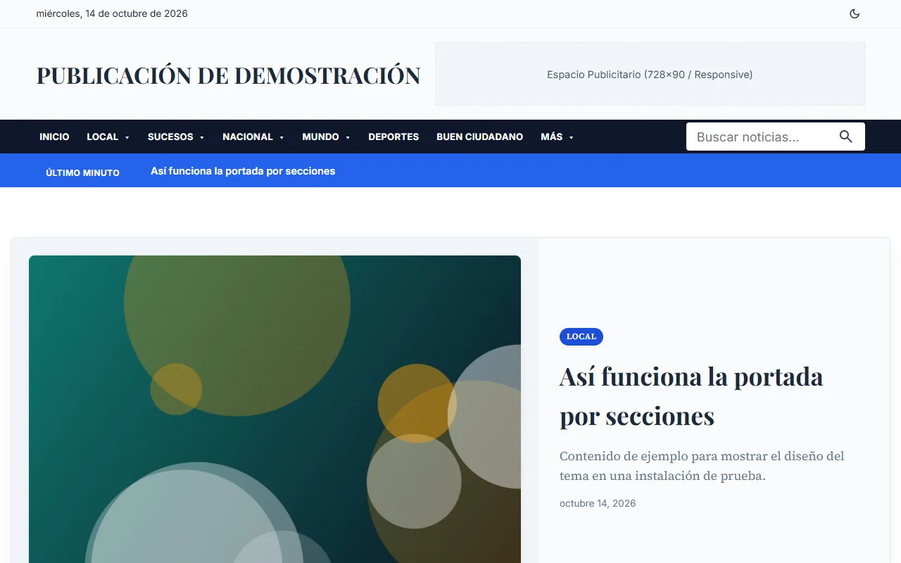 Portada de CMS-Editorial en una instalación de prueba con identidad neutra, menú de secciones, banda de última hora y noticia principal de ejemplo