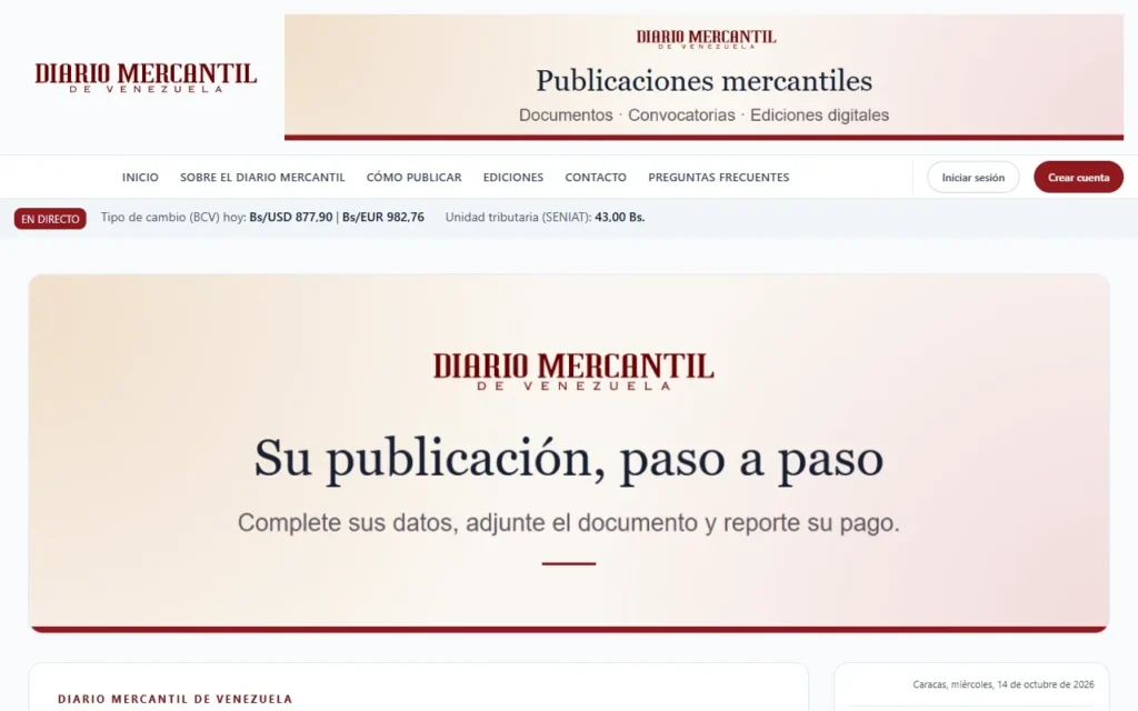 Portada de diariomercantil.com: «Su publicación, paso a paso», con el tipo de cambio BCV y los accesos para iniciar sesión o crear cuenta