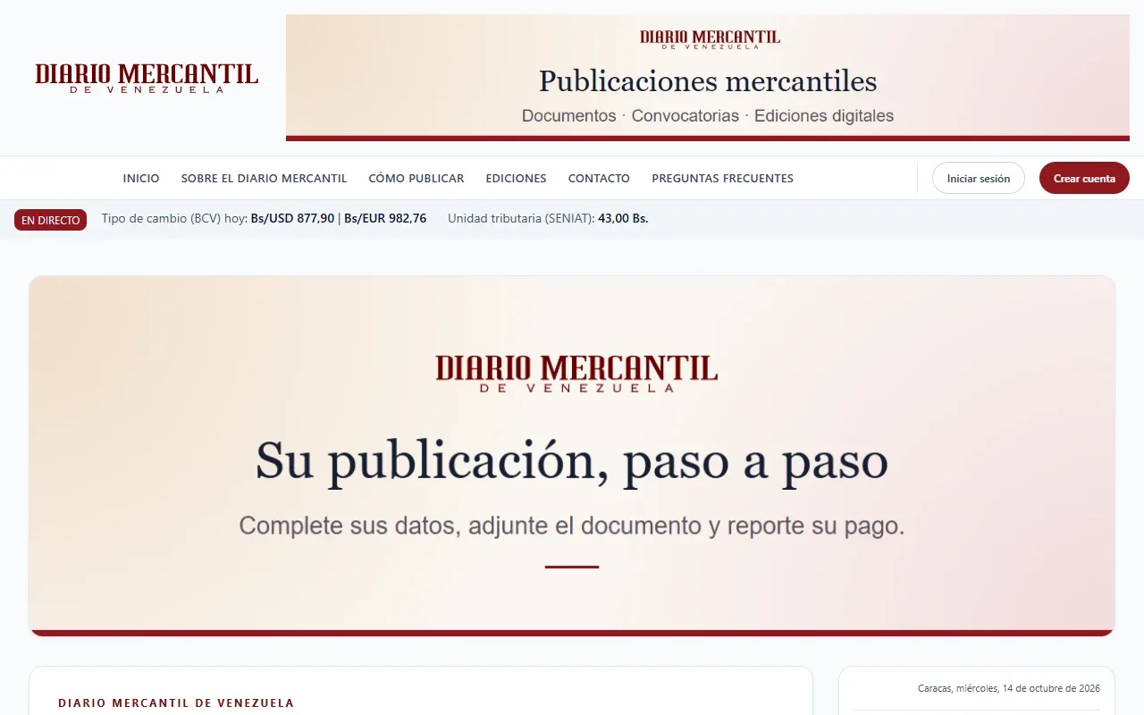 Portada de diariomercantil.com: «Su publicación, paso a paso», con el tipo de cambio BCV y los accesos para iniciar sesión o crear cuenta