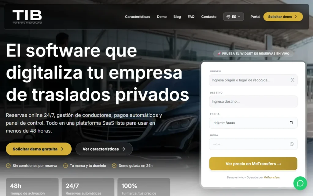 Página de presentación del producto (Transfers in Barcelona): «El software que digitaliza tu empresa de traslados privados», con el widget de reservas en vivo